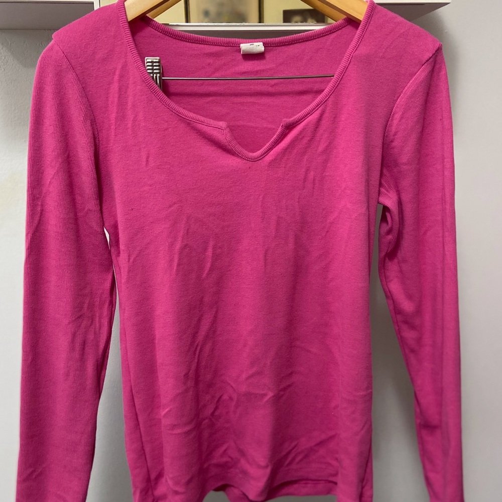 HOT Pink Notched scoop neck Long Sleeve Top